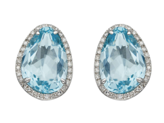 9ct White Gold Irregular Shaped Blue Topaz Earrings With Diamonds
