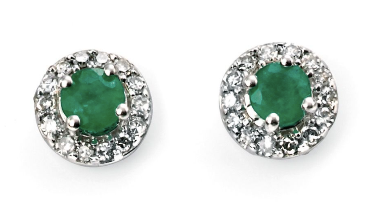 9ct White Gold Emerald with Diamond Halo Studs