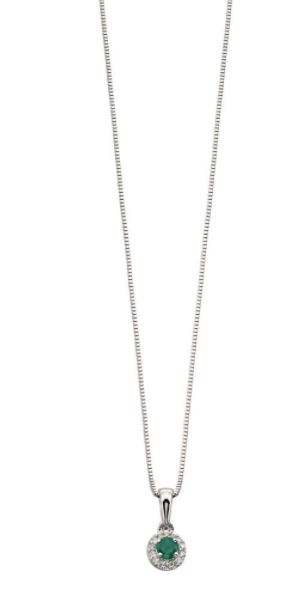 9ct White Gold Emerald Pendant with Round Diamond Halo