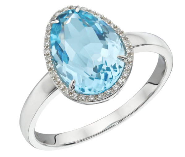 9ct White Gold Irregular Shaped Blue Topaz Ring With Diamonds
