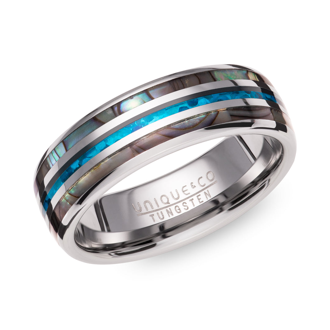 Tungsten Ring with Abalone Shell & Blue Opal Colour 7mm TUR-146