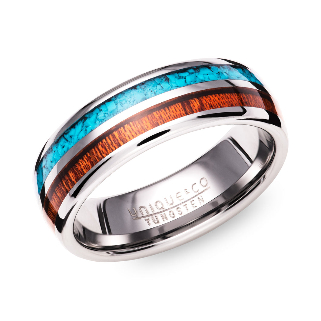 Tungsten Ring with Wood & Turquoise Inlay 7mm TUR-147