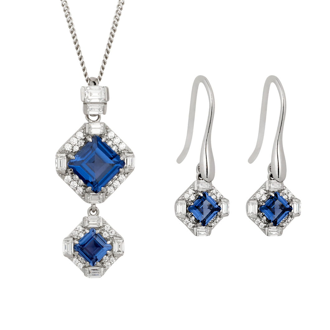 Recycled Silver Double Sapphire Blue Nano Crystal & CZ Drop Necklace And Earring Set With Platinum Plating