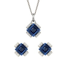 Load image into Gallery viewer, Recycled Silver Square Sapphire Blue Nano Crystal And CZ Necklace &amp; Earring Set With Platinum Plating

