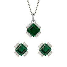 Load image into Gallery viewer, Recycled Silver Square Emerald Green Nano Crystal And CZ Necklace &amp; Earring Set With Platinum Plating
