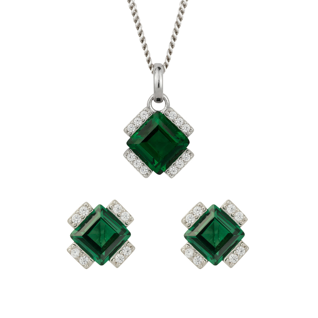 Recycled Silver Square Emerald Green Nano Crystal And CZ Necklace & Earring Set With Platinum Plating