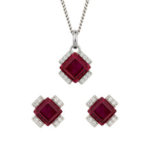 Load image into Gallery viewer, Recycled Silver Square Ruby Red Nano Crystal And CZ Necklace &amp; Earring Set With Platinum Plating
