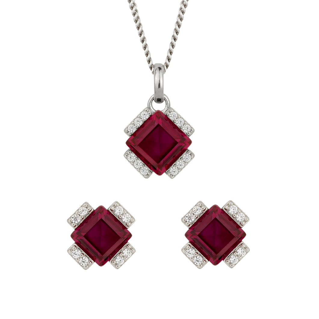 Recycled Silver Square Ruby Red Nano Crystal And CZ Necklace & Earring Set With Platinum Plating