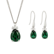 Load image into Gallery viewer, Recycled Silver Teardrop Emerald Green Nano Crystal &amp; CZ Necklace And Earring Set With Platinum Plating
