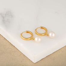 Load image into Gallery viewer, Gold Modern Pearl Hoop Earrings

