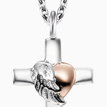 Load image into Gallery viewer, Heart Wing Silver &amp; Rose Cross Necklace
