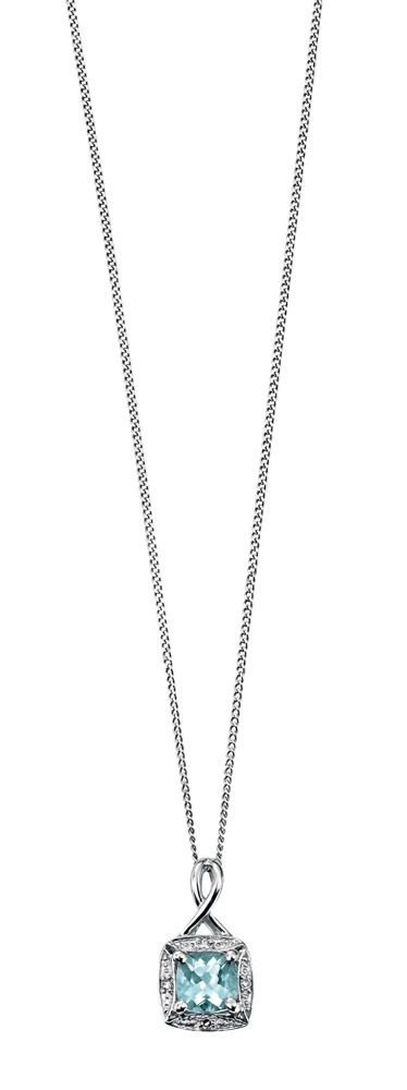 9ct White Gold Diamond & Aquamarine Pendant