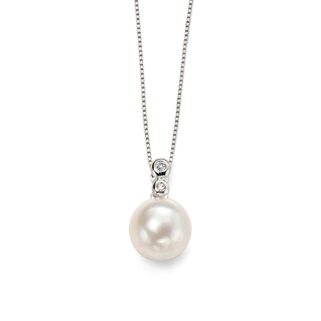 9ct White Gold Freshwater Pearl & Diamond Drop Pendant with Diamond cut Chain