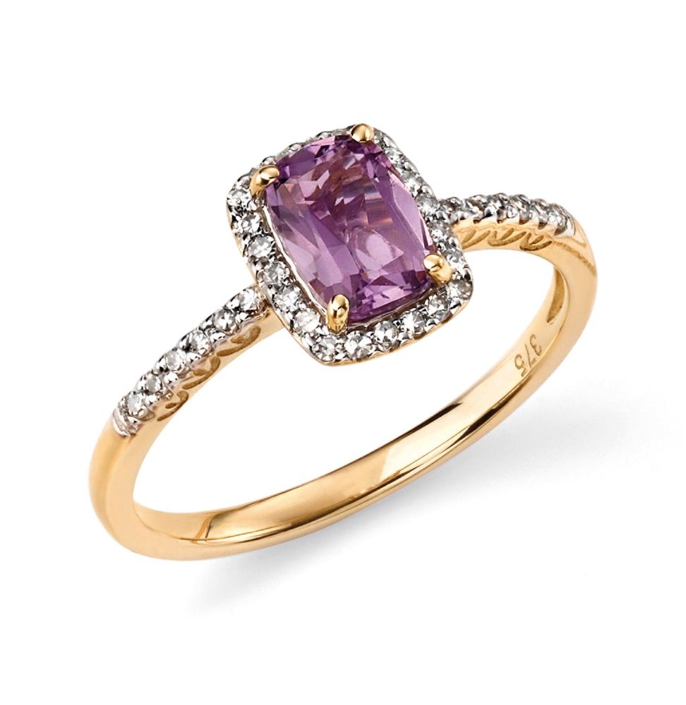9ct Yellow Gold Amethyst and Diamond Ring