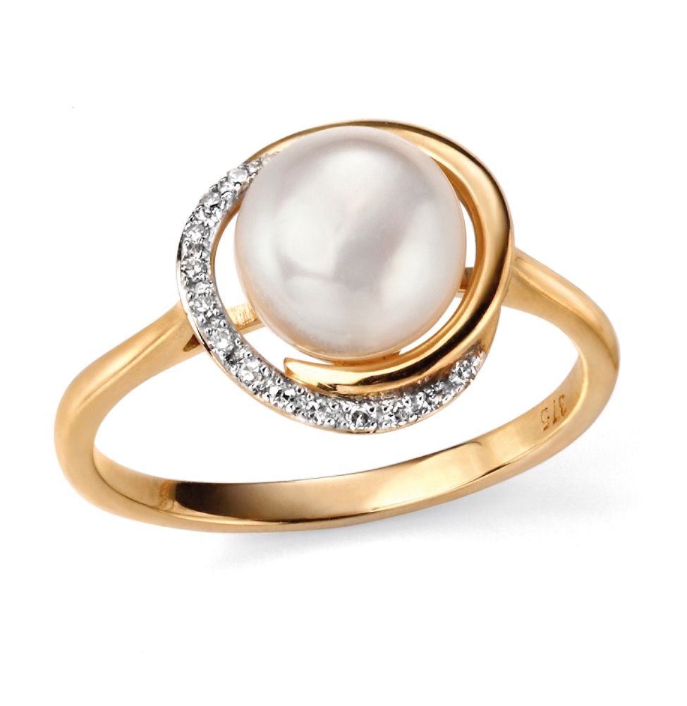 Button Pearl Ring With Diamond Wave In 9ct Yellow Gold