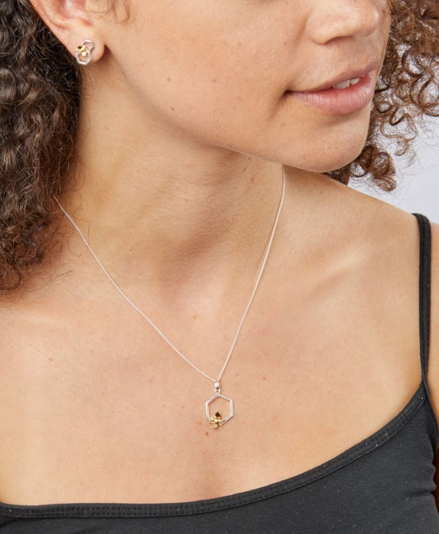 Silver & Gold Small Honeycomb and Bee Pendant
